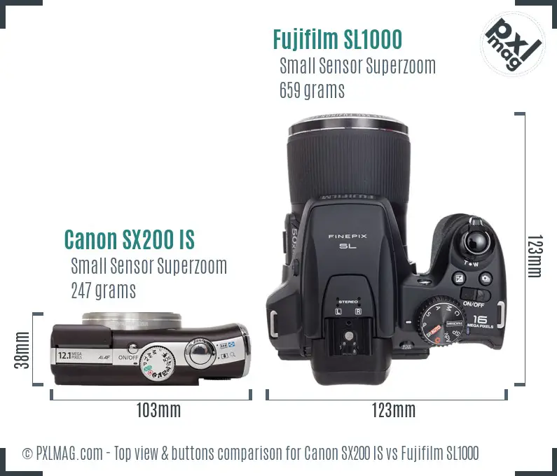 Canon SX200 IS vs Fujifilm SL1000 top view buttons comparison