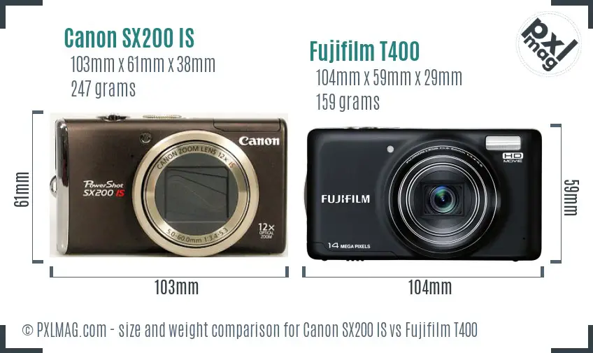 Canon SX200 IS vs Fujifilm T400 size comparison