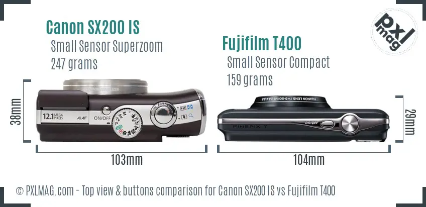 Canon SX200 IS vs Fujifilm T400 top view buttons comparison