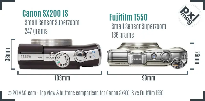 Canon SX200 IS vs Fujifilm T550 top view buttons comparison
