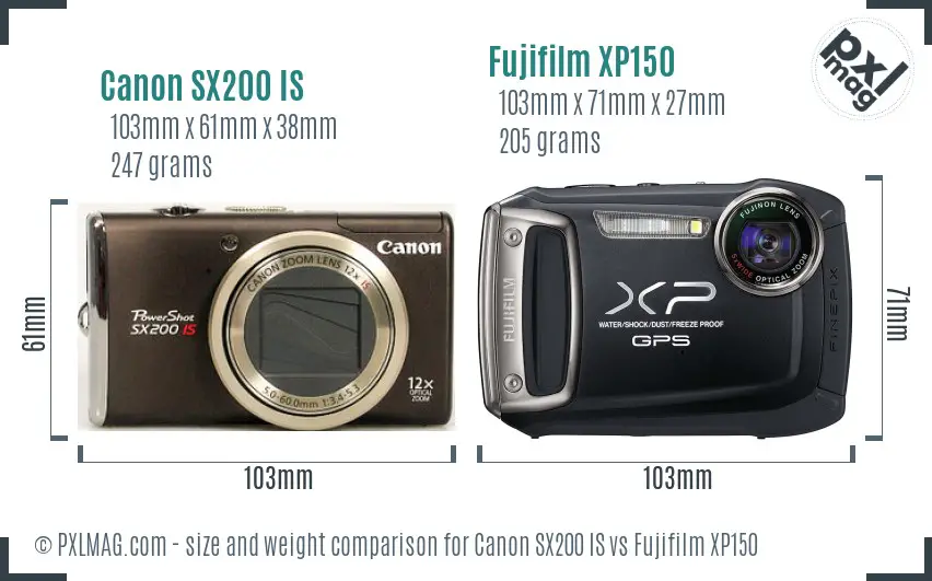 Canon SX200 IS vs Fujifilm XP150 size comparison