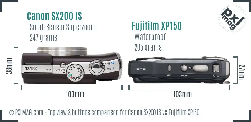 Canon SX200 IS vs Fujifilm XP150 top view buttons comparison