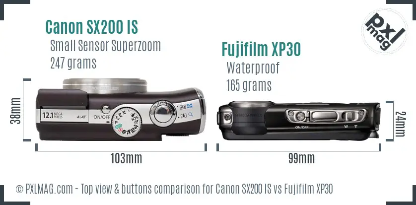 Canon SX200 IS vs Fujifilm XP30 top view buttons comparison