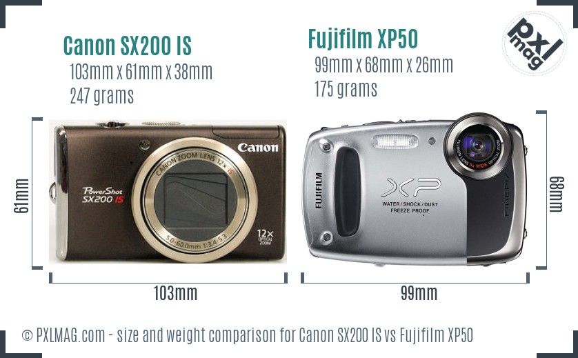 Canon SX200 IS vs Fujifilm XP50 size comparison Canon SX200 IS vs Fujifilm XP50 size comparison