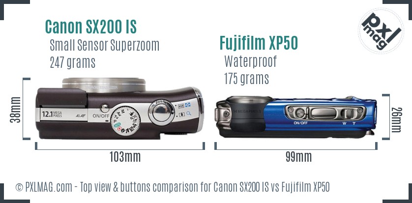 Canon SX200 IS vs Fujifilm XP50 top view buttons comparison