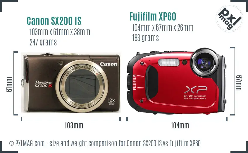 Canon SX200 IS vs Fujifilm XP60 size comparison Canon SX200 IS vs Fujifilm XP60 size comparison