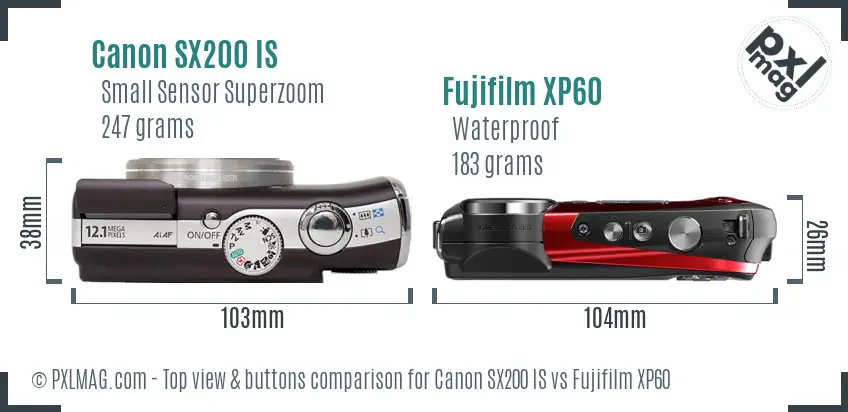 Canon SX200 IS vs Fujifilm XP60 top view buttons comparison