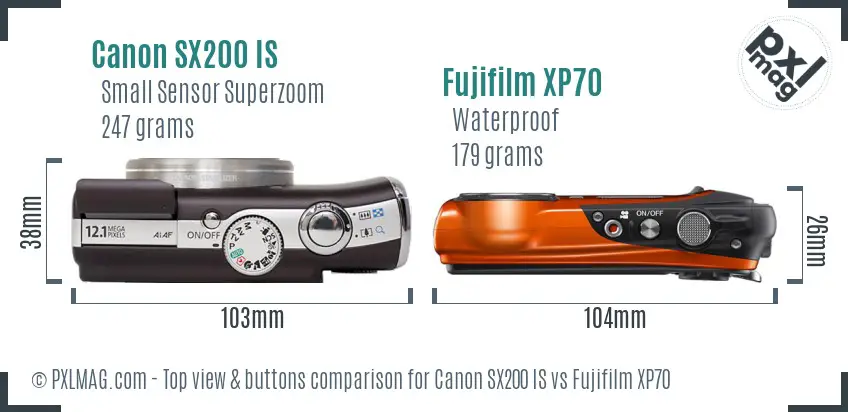 Canon SX200 IS vs Fujifilm XP70 top view buttons comparison