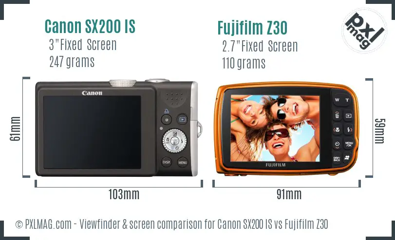 Canon SX200 IS vs Fujifilm Z30 Screen and Viewfinder comparison