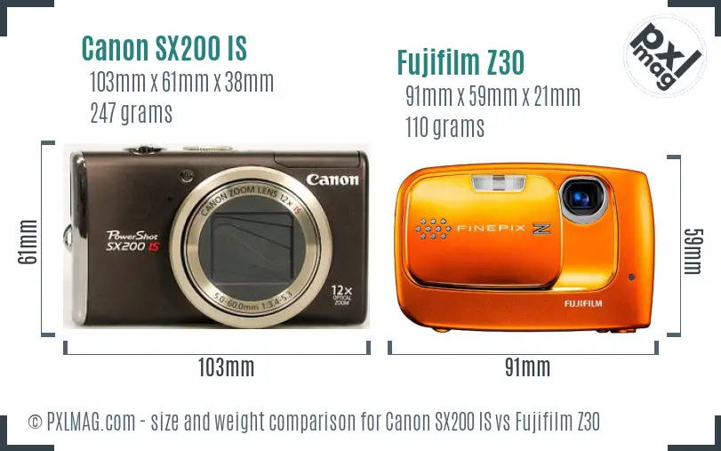 Canon SX200 IS vs Fujifilm Z30 size comparison