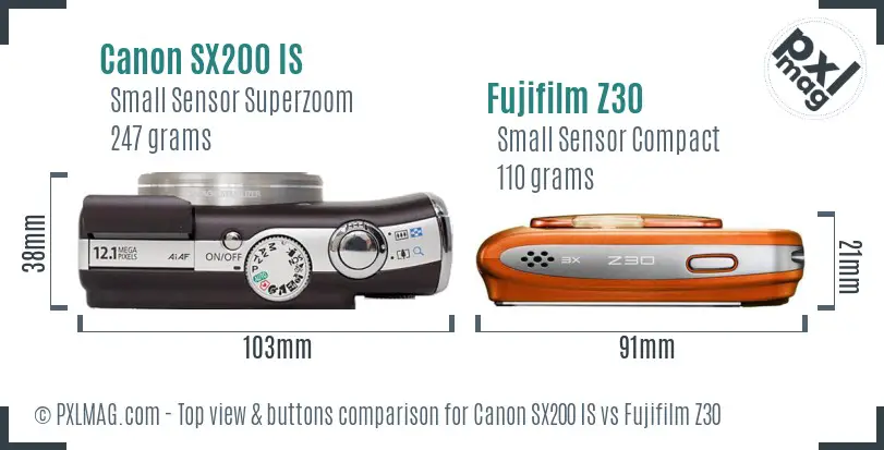 Canon SX200 IS vs Fujifilm Z30 top view buttons comparison