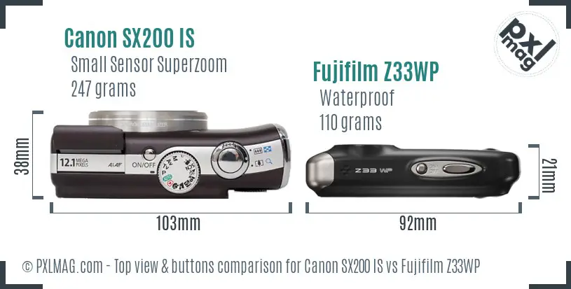 Canon SX200 IS vs Fujifilm Z33WP top view buttons comparison