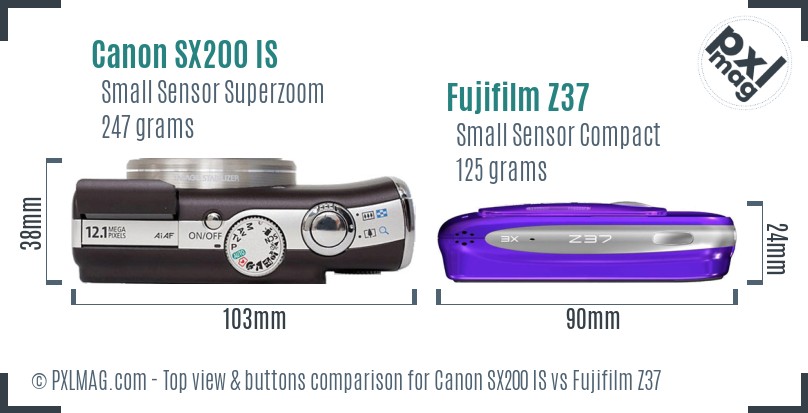 Canon SX200 IS vs Fujifilm Z37 top view buttons comparison