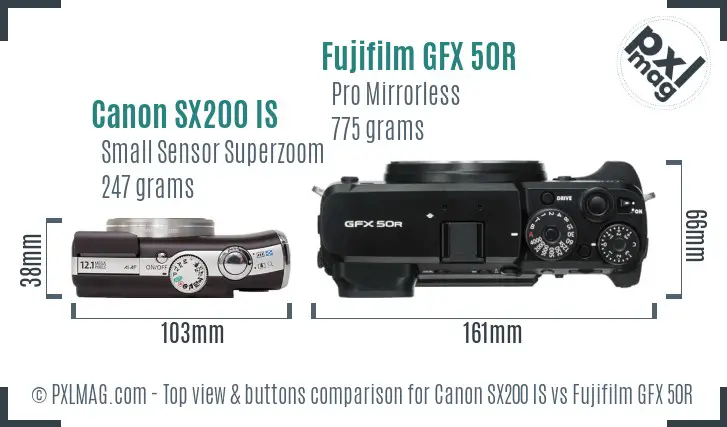 Canon SX200 IS vs Fujifilm GFX 50R top view buttons comparison