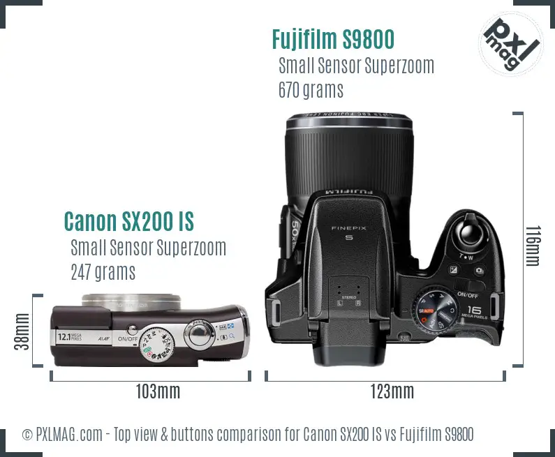 Canon SX200 IS vs Fujifilm S9800 top view buttons comparison