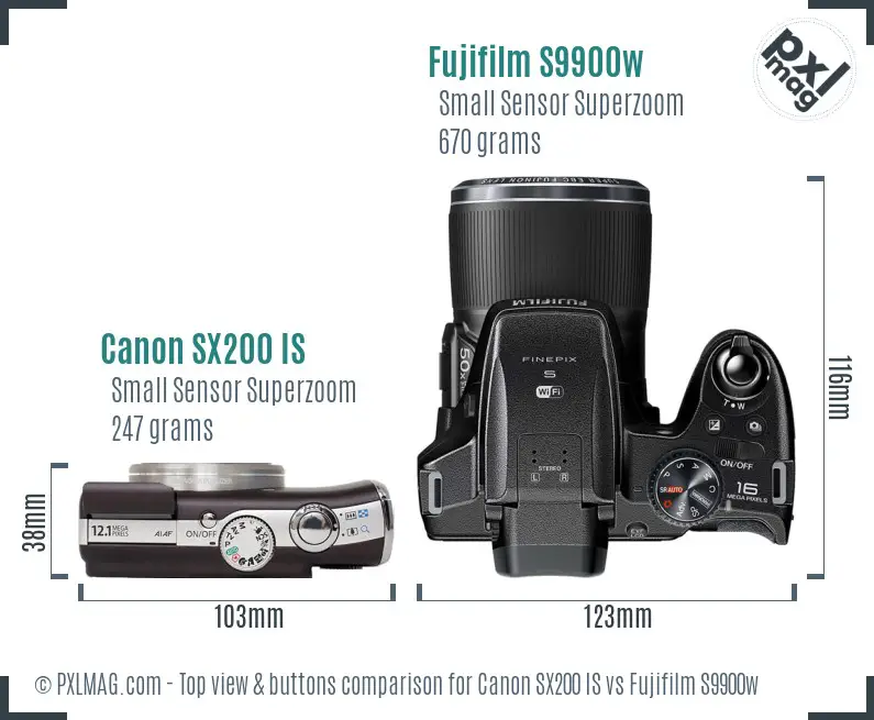 Canon SX200 IS vs Fujifilm S9900w top view buttons comparison Canon SX200 IS vs Fujifilm S9900w top view buttons comparison