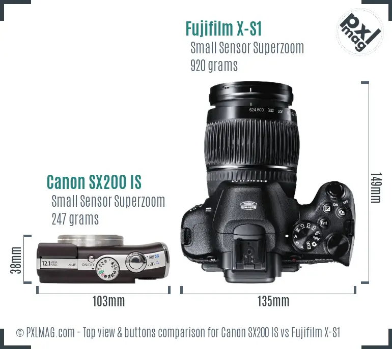 Canon SX200 IS vs Fujifilm X-S1 top view buttons comparison