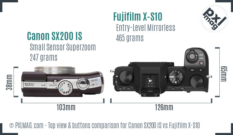 Canon SX200 IS vs Fujifilm X-S10 top view buttons comparison