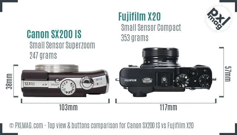 Canon SX200 IS vs Fujifilm X20 top view buttons comparison