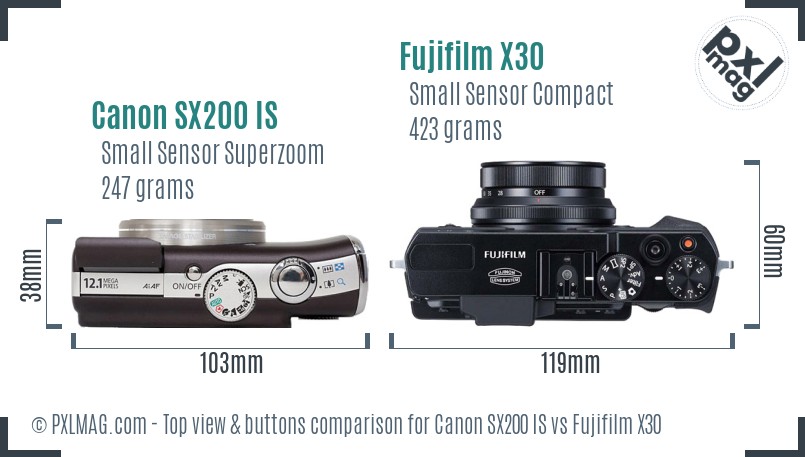 Canon SX200 IS vs Fujifilm X30 top view buttons comparison