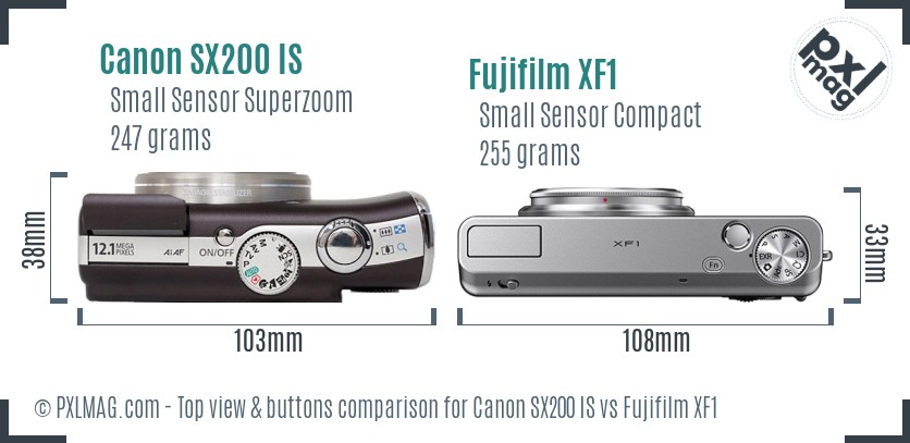 Canon SX200 IS vs Fujifilm XF1 top view buttons comparison