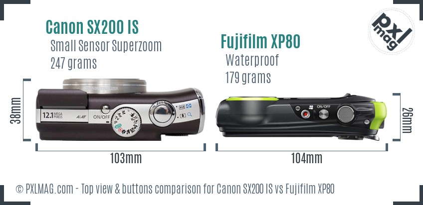 Canon SX200 IS vs Fujifilm XP80 top view buttons comparison