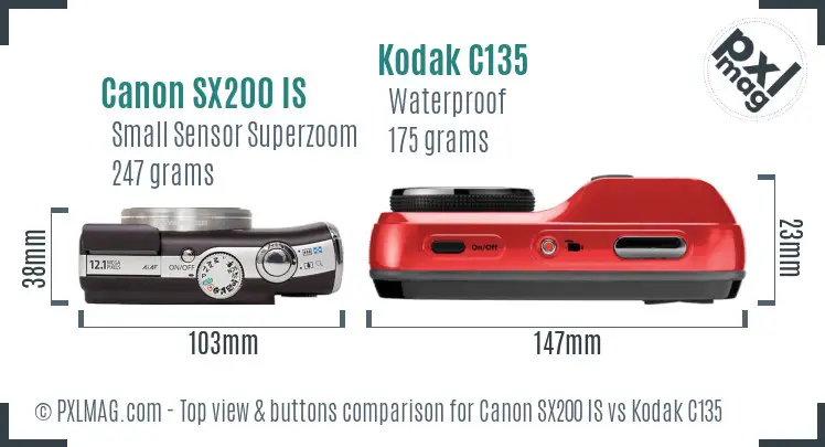 Canon SX200 IS vs Kodak C135 top view buttons comparison Canon SX200 IS vs Kodak C135 top view buttons comparison