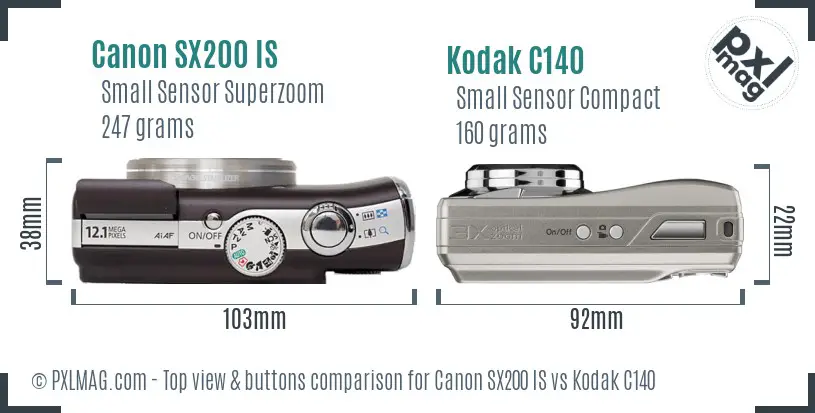 Canon SX200 IS vs Kodak C140 top view buttons comparison