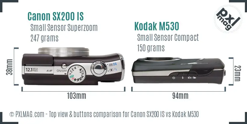 Canon SX200 IS vs Kodak M530 top view buttons comparison