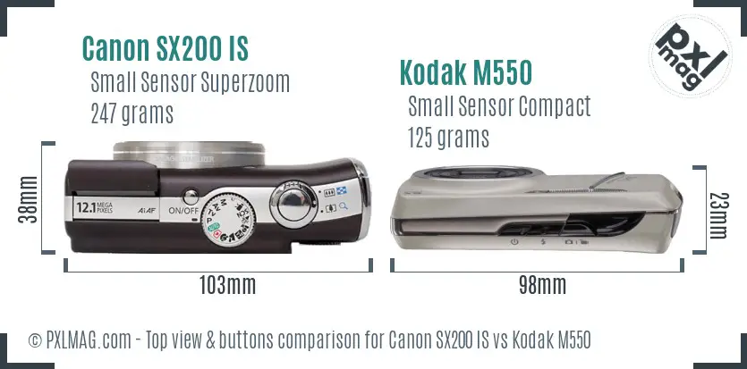 Canon SX200 IS vs Kodak M550 top view buttons comparison Canon SX200 IS vs Kodak M550 top view buttons comparison