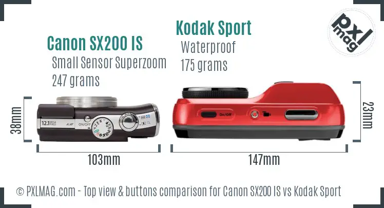 Canon SX200 IS vs Kodak Sport top view buttons comparison Canon SX200 IS vs Kodak Sport top view buttons comparison