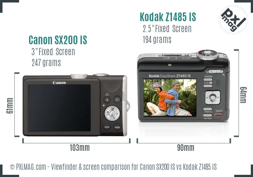 Canon SX200 IS vs Kodak Z1485 IS Screen and Viewfinder comparison