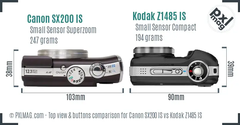 Canon SX200 IS vs Kodak Z1485 IS top view buttons comparison