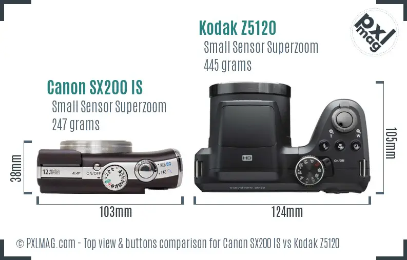 Canon SX200 IS vs Kodak Z5120 top view buttons comparison Canon SX200 IS vs Kodak Z5120 top view buttons comparison