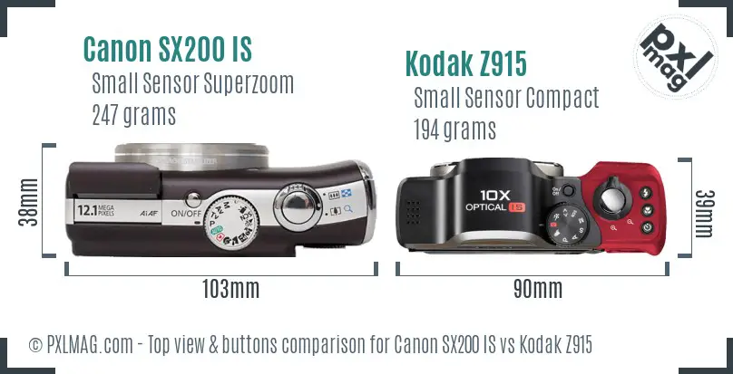 Canon SX200 IS vs Kodak Z915 top view buttons comparison Canon SX200 IS vs Kodak Z915 top view buttons comparison
