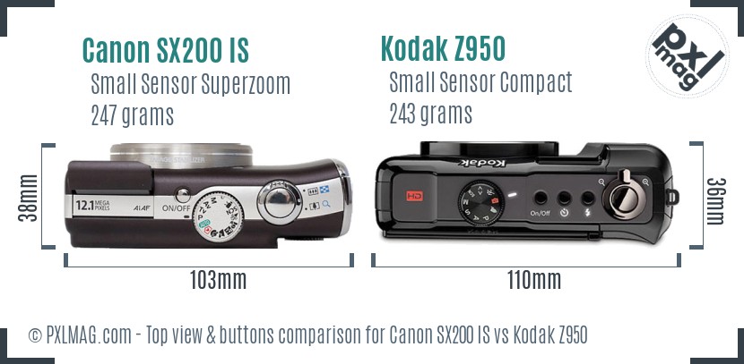 Canon SX200 IS vs Kodak Z950 top view buttons comparison