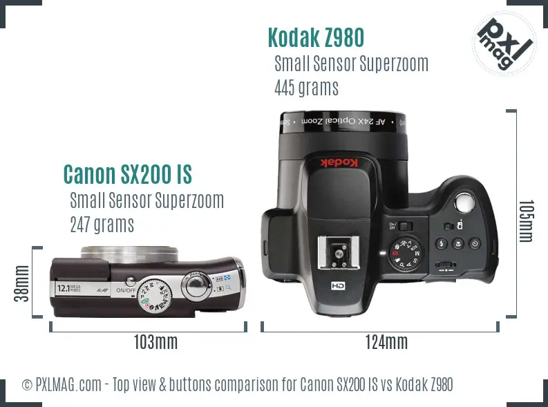 Canon SX200 IS vs Kodak Z980 top view buttons comparison Canon SX200 IS vs Kodak Z980 top view buttons comparison