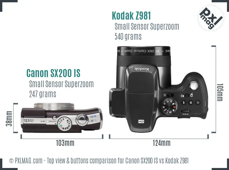 Canon SX200 IS vs Kodak Z981 top view buttons comparison