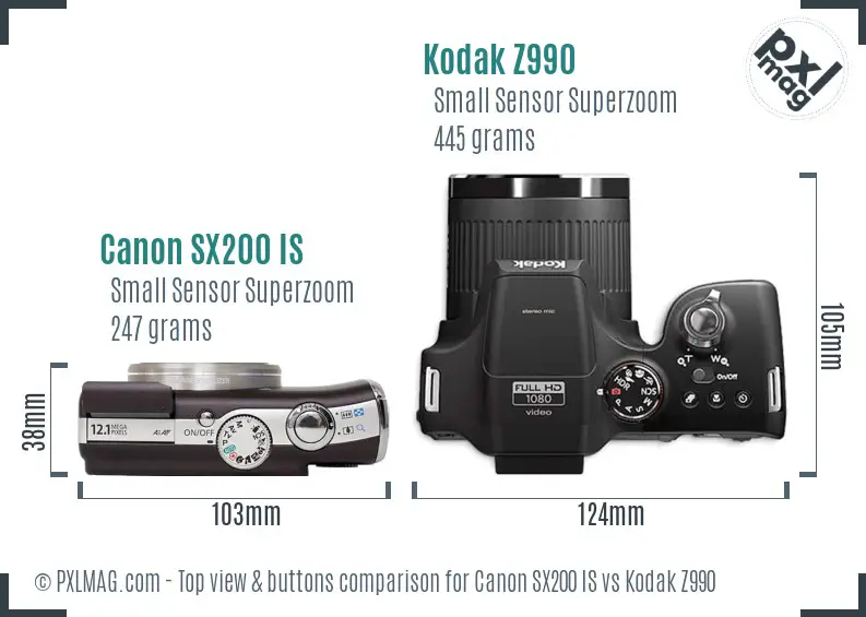 Canon SX200 IS vs Kodak Z990 top view buttons comparison