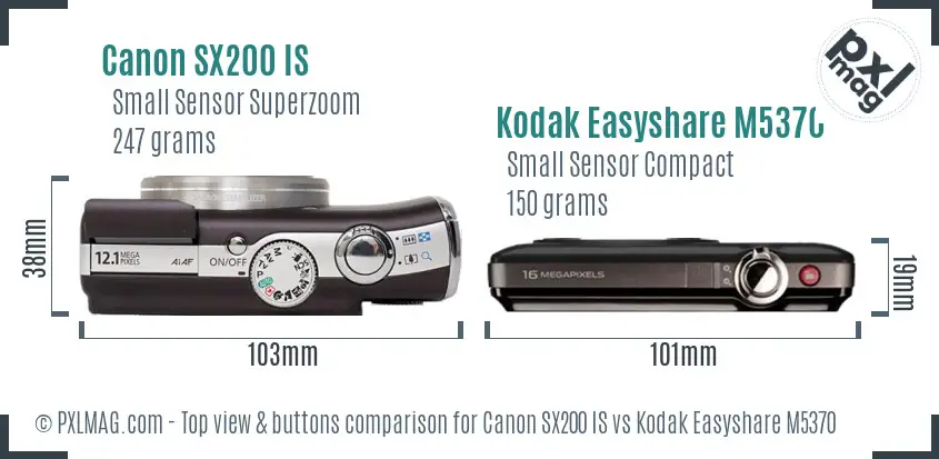 Canon SX200 IS vs Kodak Easyshare M5370 top view buttons comparison