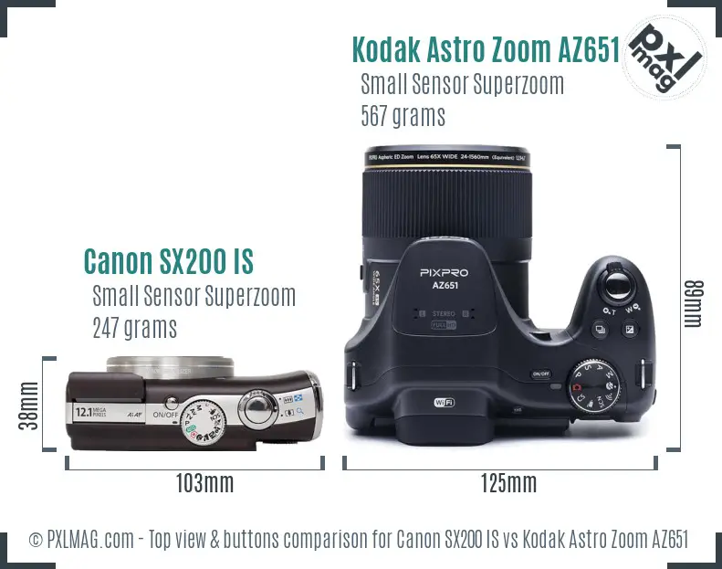 Canon SX200 IS vs Kodak Astro Zoom AZ651 top view buttons comparison