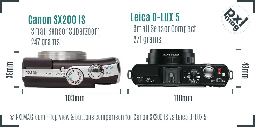 Canon SX200 IS vs Leica D-LUX 5 top view buttons comparison