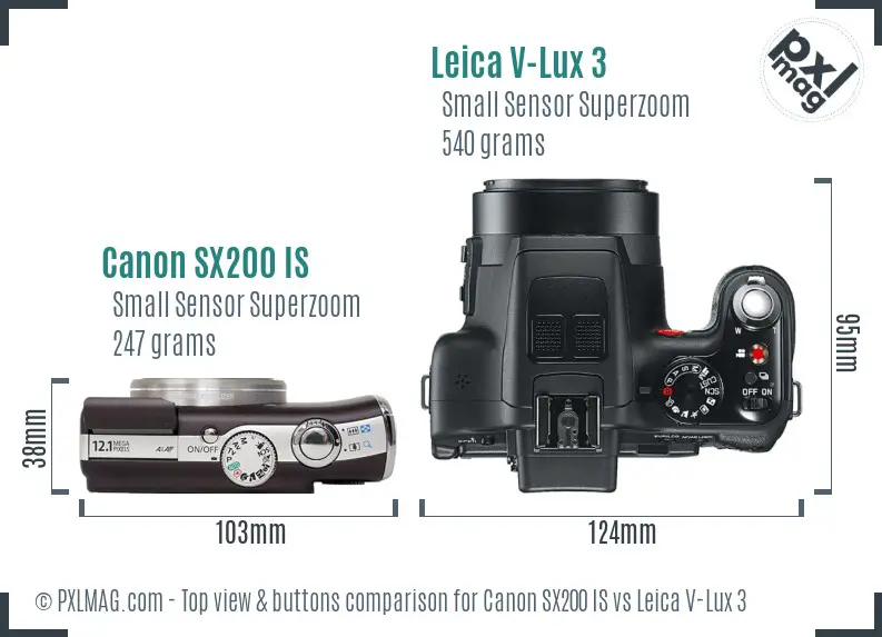 Canon SX200 IS vs Leica V-Lux 3 top view buttons comparison Canon SX200 IS vs Leica V-Lux 3 top view buttons comparison