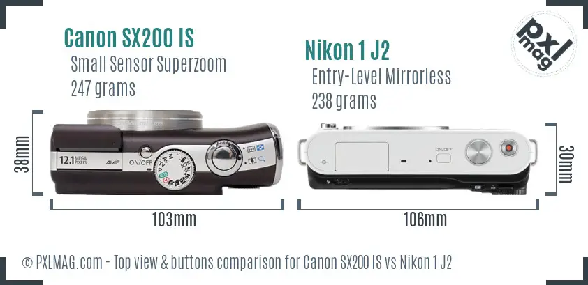 Canon SX200 IS vs Nikon 1 J2 top view buttons comparison