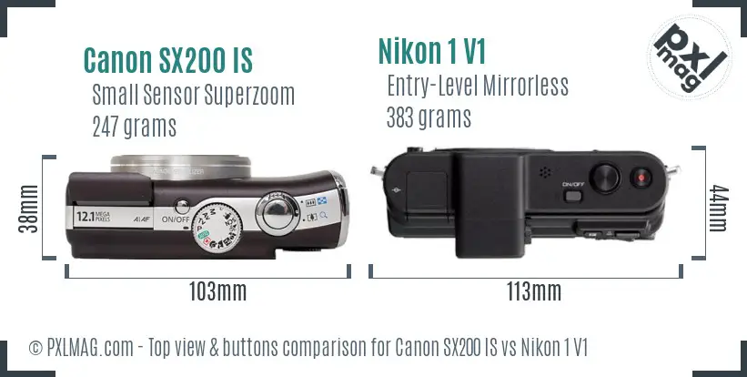 Canon SX200 IS vs Nikon 1 V1 top view buttons comparison