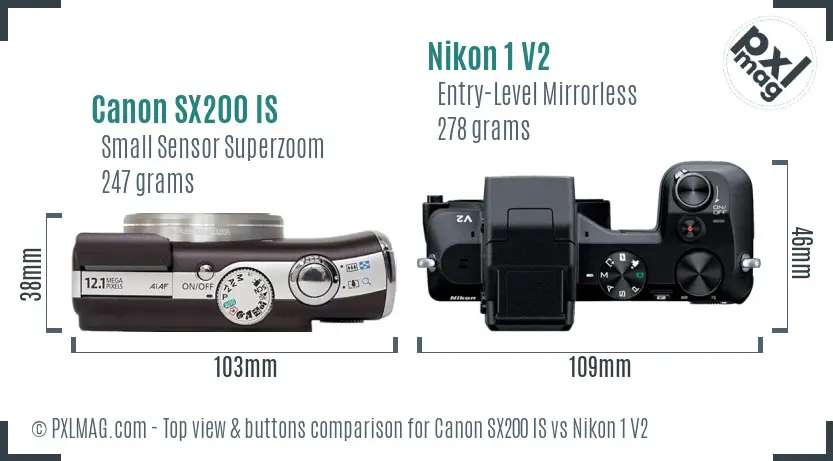 Canon SX200 IS vs Nikon 1 V2 top view buttons comparison