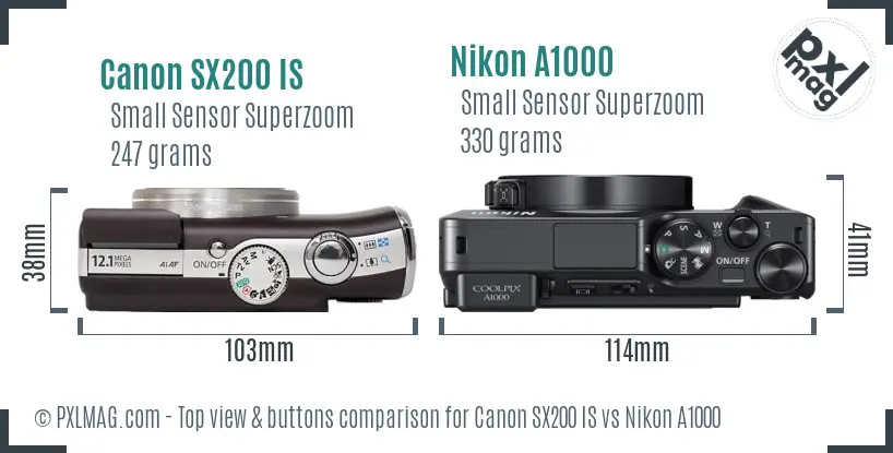 Canon SX200 IS vs Nikon A1000 top view buttons comparison