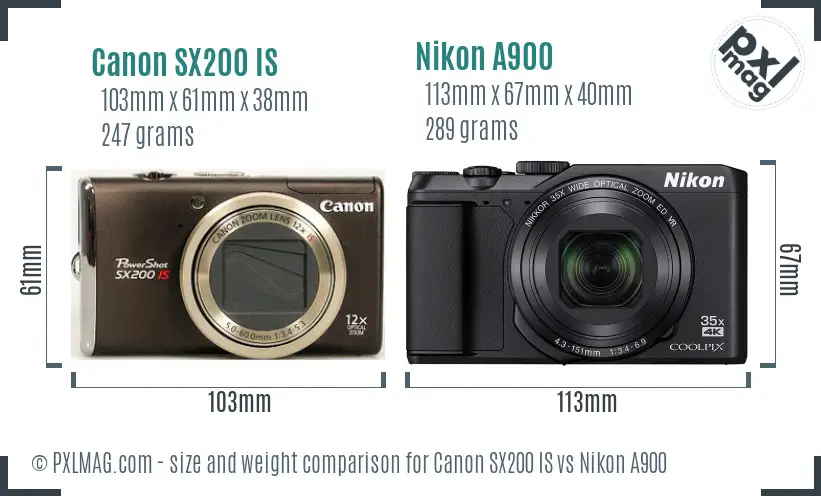 Canon SX200 IS vs Nikon A900 size comparison
