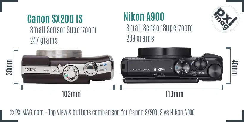 Canon SX200 IS vs Nikon A900 top view buttons comparison