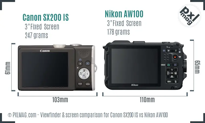 Canon SX200 IS vs Nikon AW100 Screen and Viewfinder comparison
